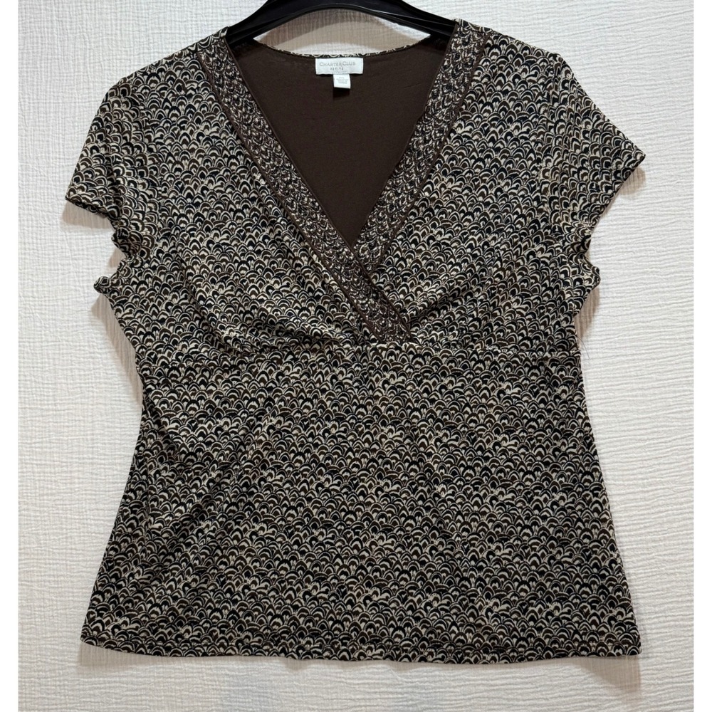 Charter Club Top Women's P/L Brown Geometric‎ Print V Neck Flutter Sleeve Y2K